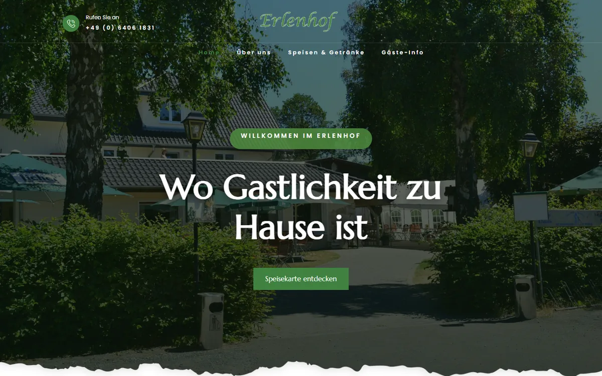 Gaststätte Erlenhof: Startbereich der Website